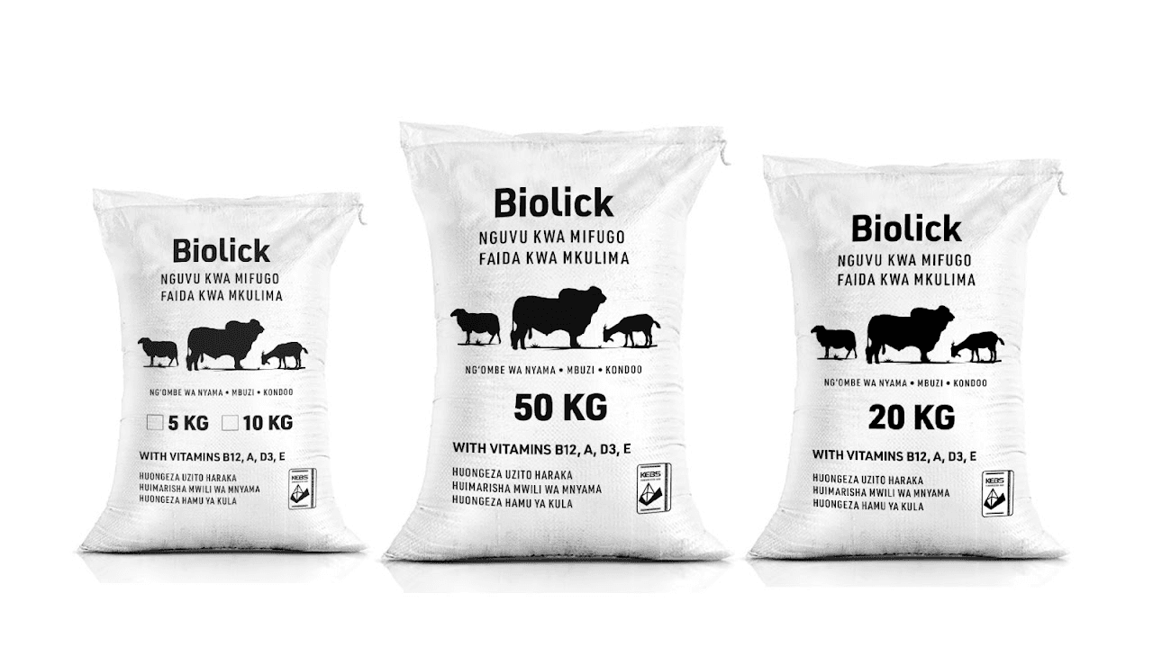 Biolick mineral supplement bags in various sizes - 5kg, 10kg, 20kg, and 50kg